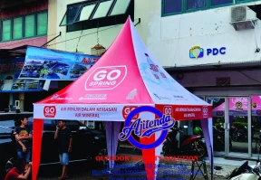 TENDA KERUCUT AIR MINUM GO SPRINT 3X3M Rangka pipa besi sistem bongkar pasang Bahan atap tenda korea 440gsm fullctak print Kemasan Carry Bag